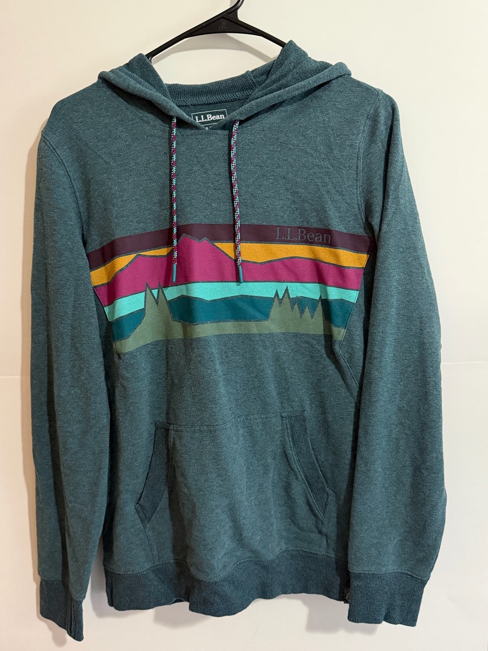L.L. Bean Teal Hoodie with Multicolor Mountain Stripe